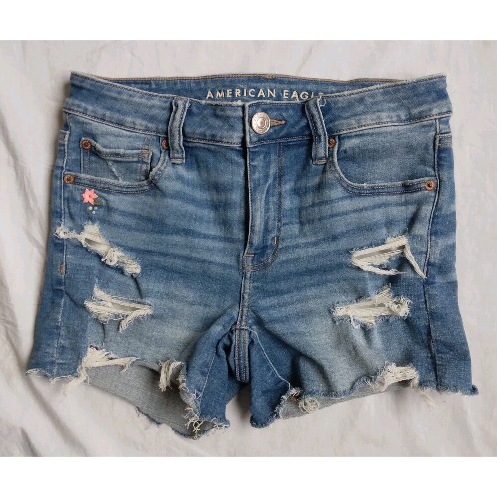American Eagle Outfitters Midi Shorts Embroidered Distressed Cut-Off Denim 4